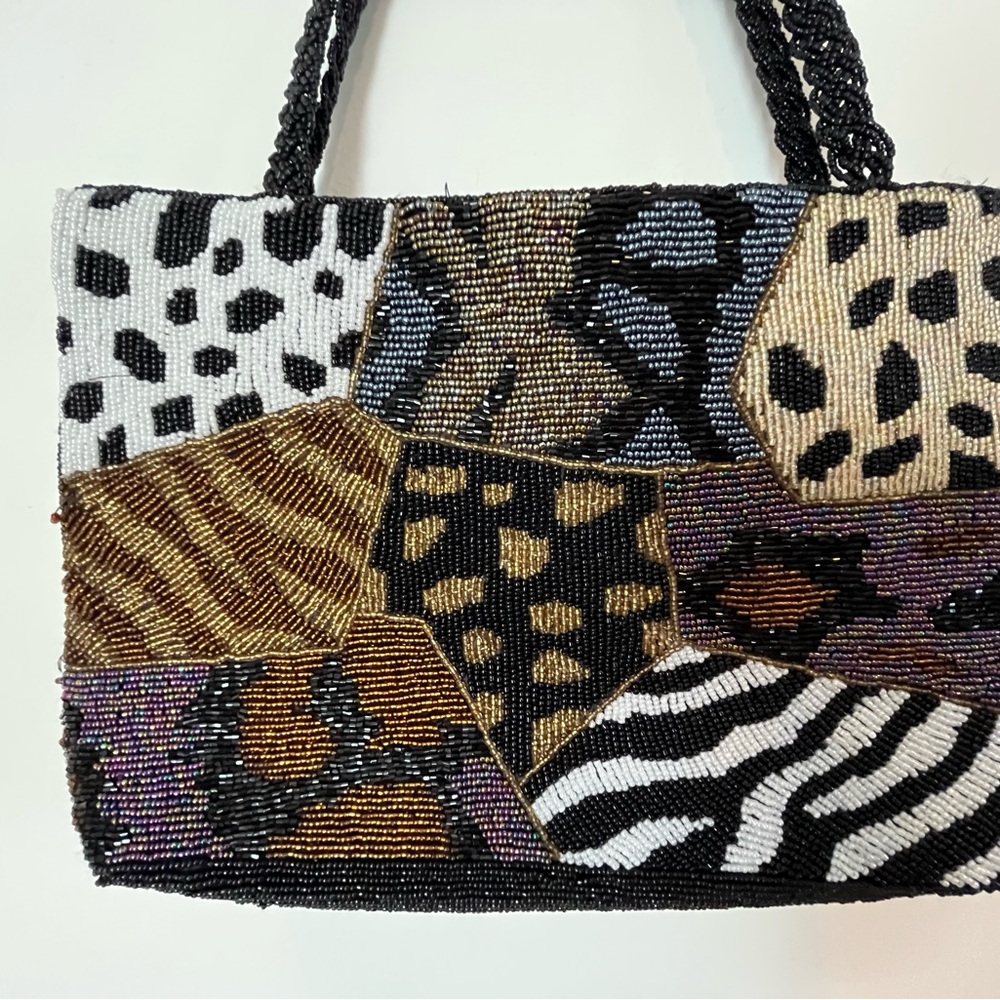 Beaded Animal Patchwork Shoulder Bag - Black, White, Brown - Picture 2 of 3